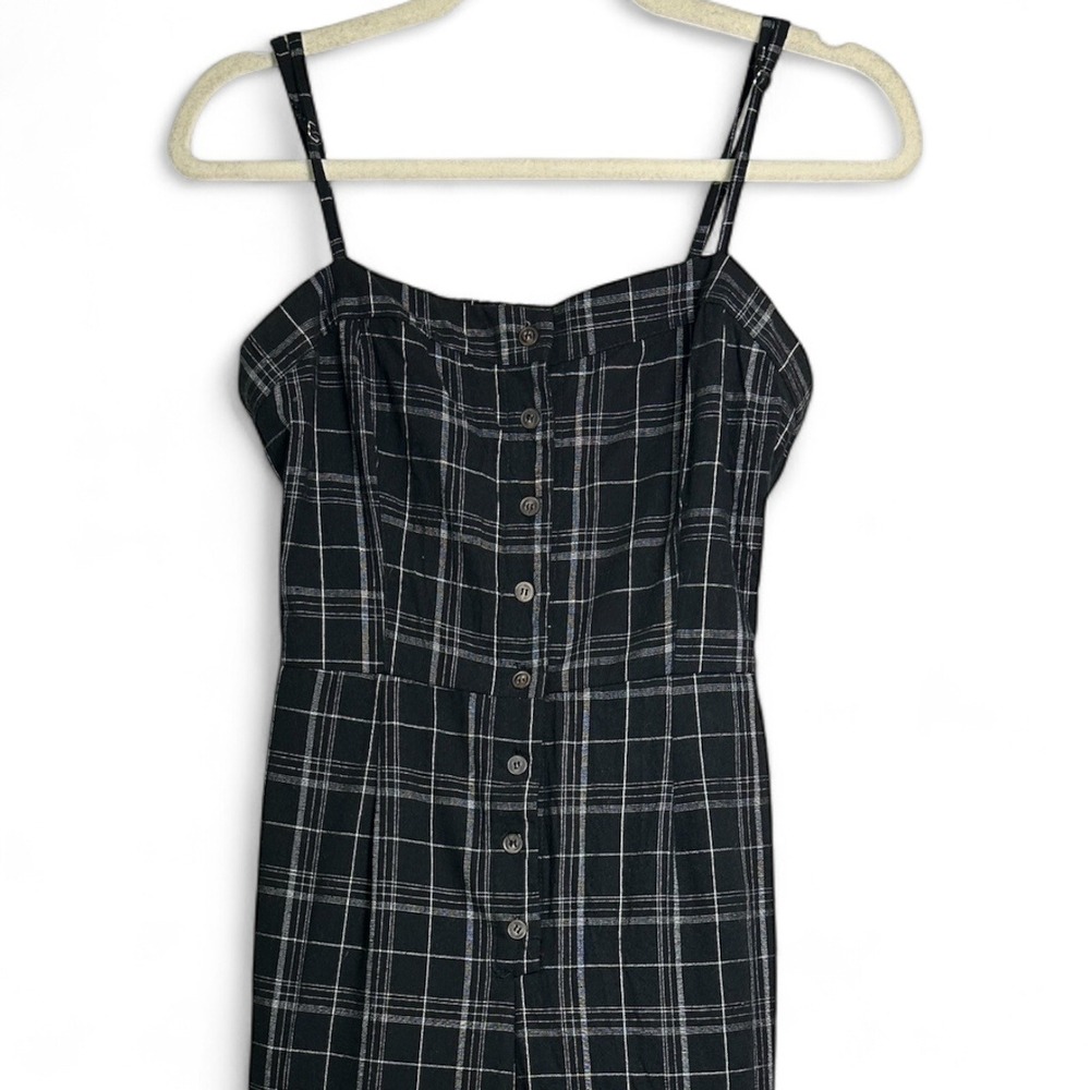 Lush Black Plaid Button Front Jumpsuit Small Strappy Cutout Back One Piece - Picture 3 of 6